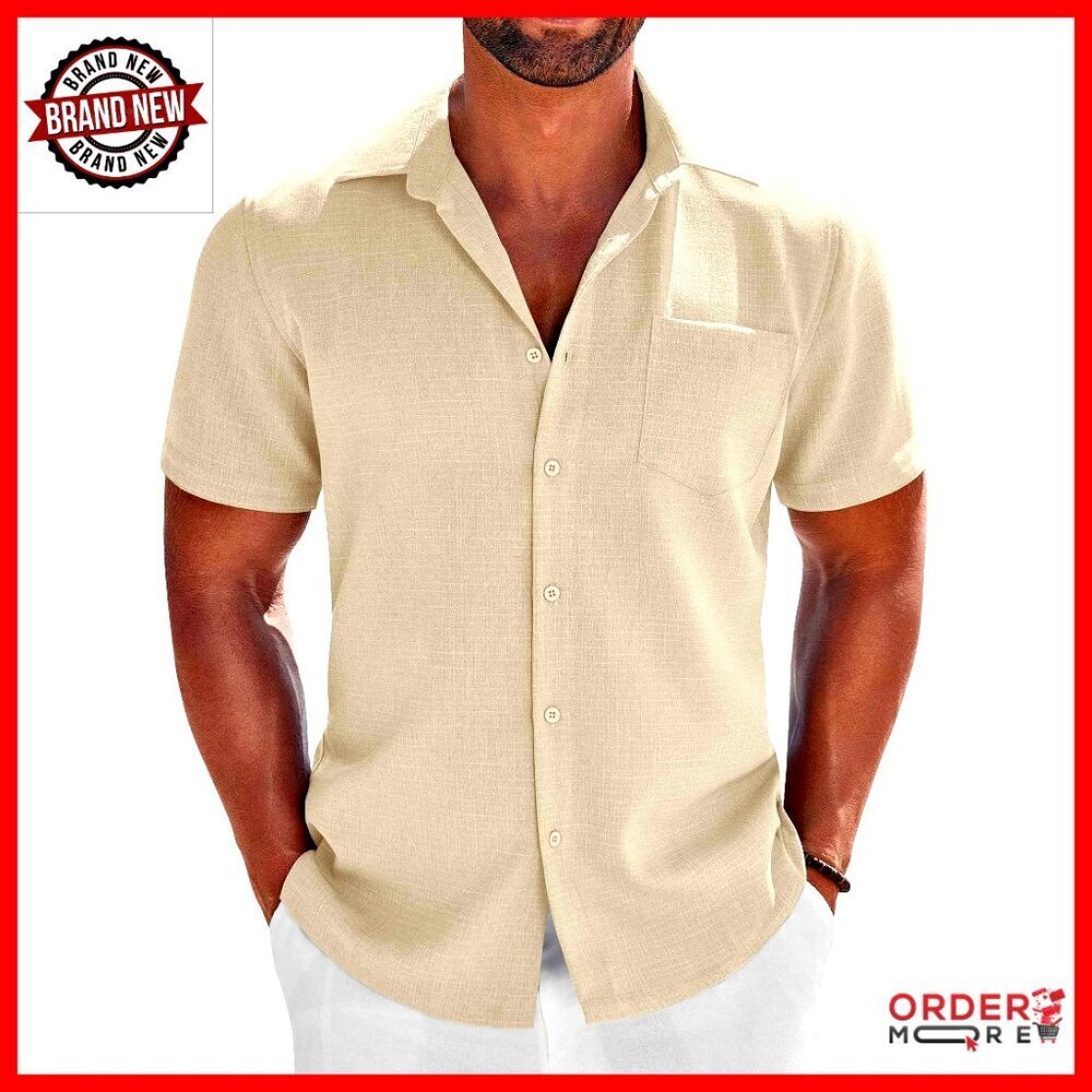 Men's Short Sleeve Linen Button Down Shirt Casual Summer Beach